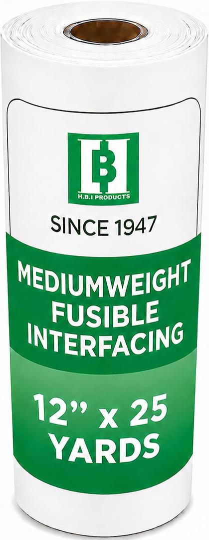 HBI Medium Weight Fusible Interfacing, Non Woven Iron-On, 12 in x 25 yd | white medium non woven iron on interfacing, sewing, quilting, bags, collars and crafts, easy fuse, machine washable