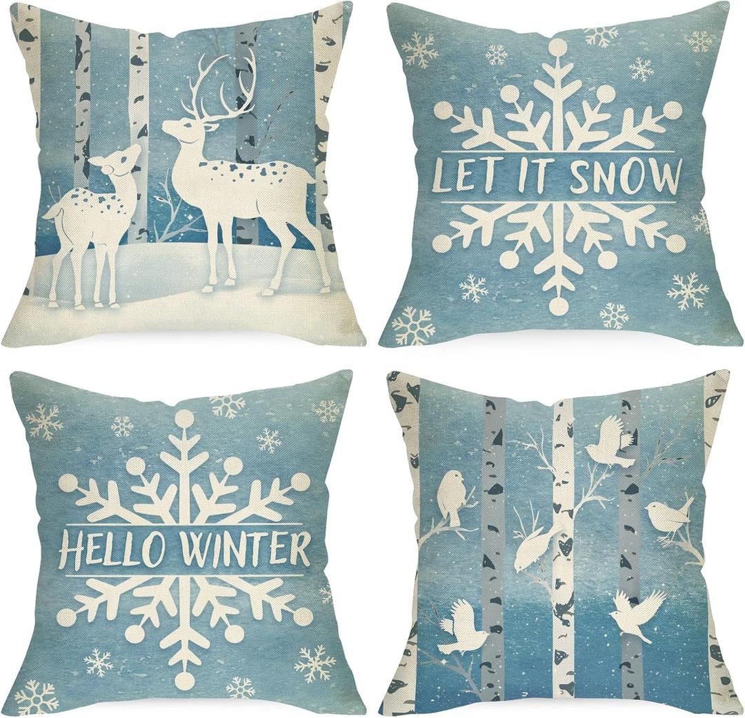 Hello Winter Snowflake Decorative Throw Pillow Covers 18x18 Set of 4, Let It Snow Wonderland Reindeer Bird Cushion Case Decor, Snowy Forest Farmhouse Home Christmas Decoration for Sofa Couch