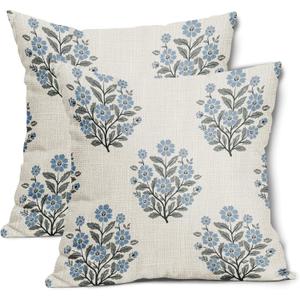 Grandmillennial Pillow Covers 16x16 Inch Set of 2 Blue Floral Block Print Cotton Linen Decorative Throw Pillow Case Grand Millennial Cushion Cover for Bedroom Sofa Living Room Chair Home Decor