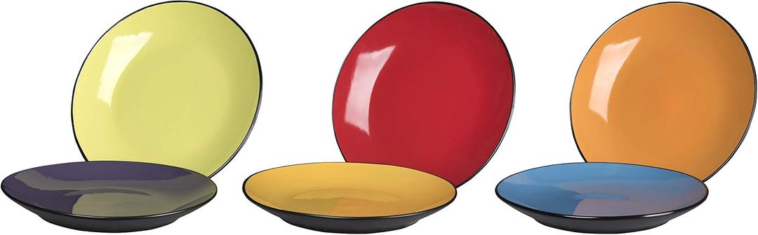 Klikel 6 Pack of Colored Salad Plates - Dishwasher And Microwave Safe Ceramic 8" Plate Set - Black Outside With Color Inside