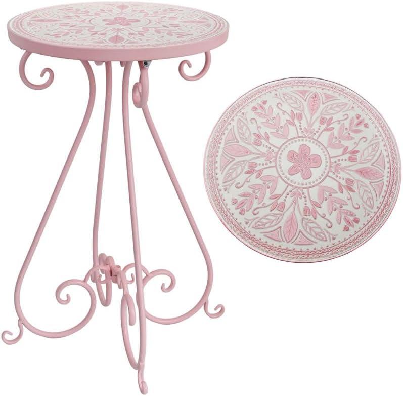 Vintage Outdoor Side Table Round Mosaic Ceramic Tile Top 14" Diameter Metal Plant Stand for Flower Pots Vase Garden Home Porch Pool Indoor Decor Weather Resistant Outside Patio Accent End Furniture, Round, 14-inch diameter x 21-inch height