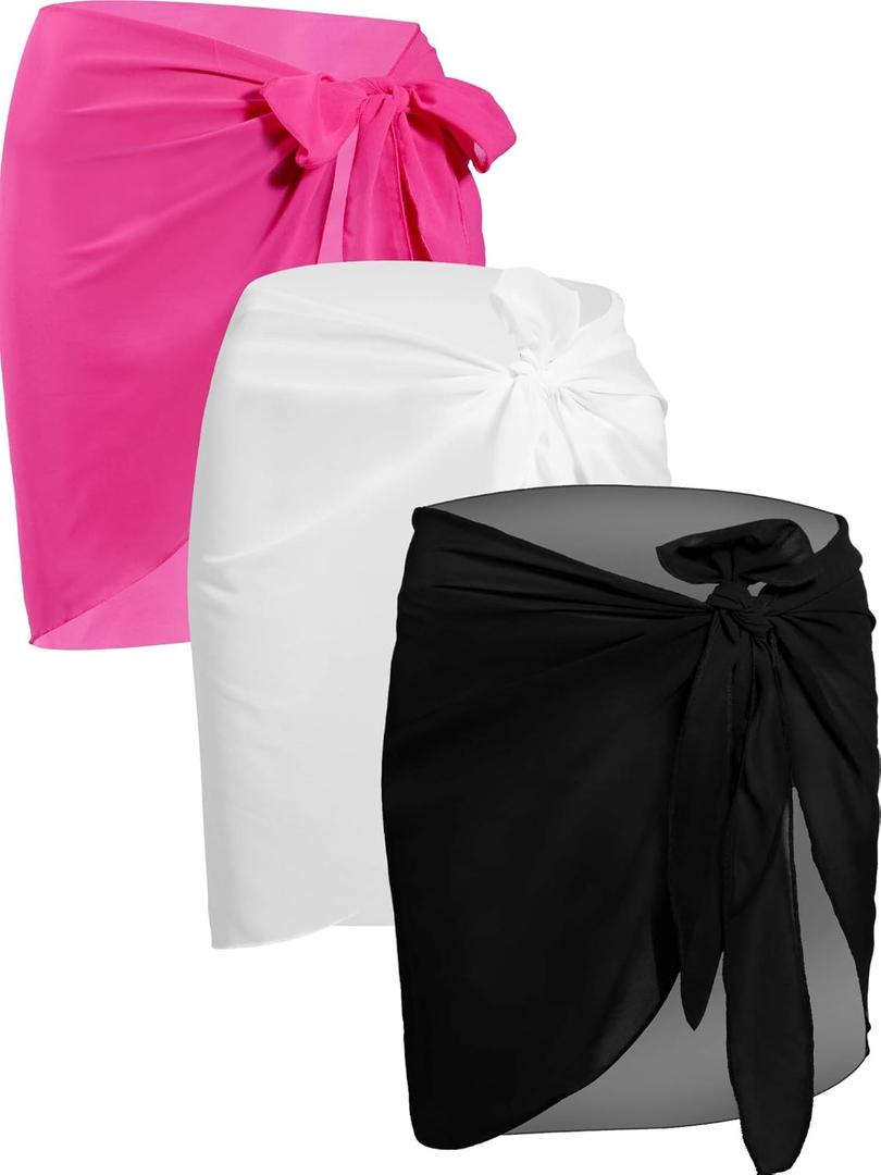 3 Pieces Beach wrap Sarongs Women Cover ups Swimsuits Wraps for Vacation (Black, White, Rose Red)