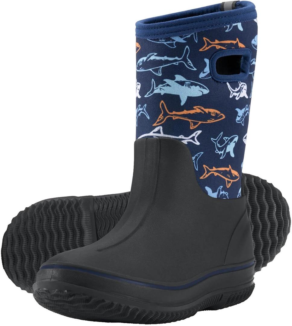 HISEA Kids Rain Boots for Boys Girls, Waterproof Insulated Rubber Neoprene Boots, Seamless Outdoor Boot with Handles Rainboots All Weather Mud Boots for Rain Water Snow and Winter, Size 6 Big Kid, (Blue Shark)