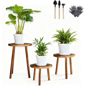 3 PCS Wood Plant Stands Indoor, Three Sizes of Plant Stands Suitable for 6-15 Inch Pots, Single Plant Holder and Wood Stool, Mid-century Modern Plant Pot Stand, Tall and Short Flower Pot Stand