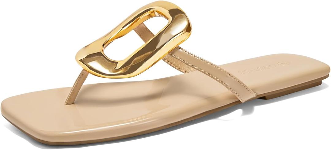 Coutgo Womens Flat Sandals Comfortable Flip Flops Slide Sandals Summer Beach Shoes with Metal Decoration (Beige), Size 8