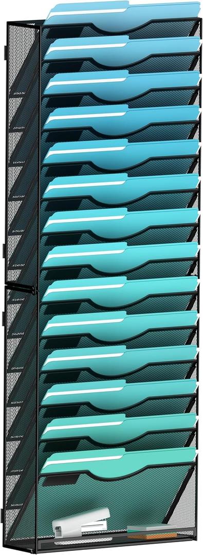 Gawerk 15-Tier Wall File Organizer Hanging Wall File Holder Wall Mount Paper Folder Organize, Mesh Magazine Document Mail Organizer Wall Organizer for Office School Home, Black