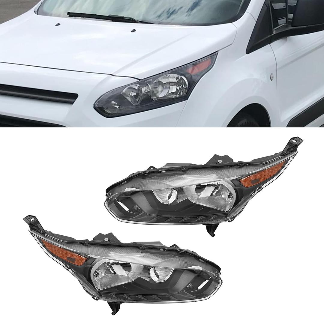 Front Headlights Assembly Left+Right Side for 2014-2018 Ford Transit Connect w/Black Trim Halogen Headlamp Set Direct Replacement FO2502327 DT1Z13008P (A pair)