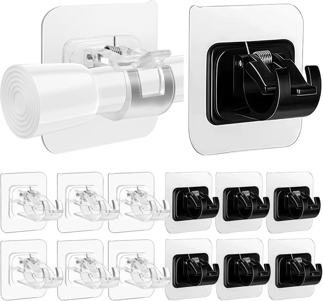 12 Set Black*6 PCS/Transparent *6PCS No Drill Curtain Rod Brackets Self Adhesive Curtain Rod Holder No Drilling Curtain Rod Hooks Nail Free Adjustable Curtain Rod Holders Curtain Hangers