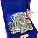 NOBILITY Pooja Items Diwali Gift Silver Antique Small Kamdhenu Cow and Calf with Blue Box Metal Statue Decorative Item Showpiece for Home Office Decoration Wedding Return Gifts
