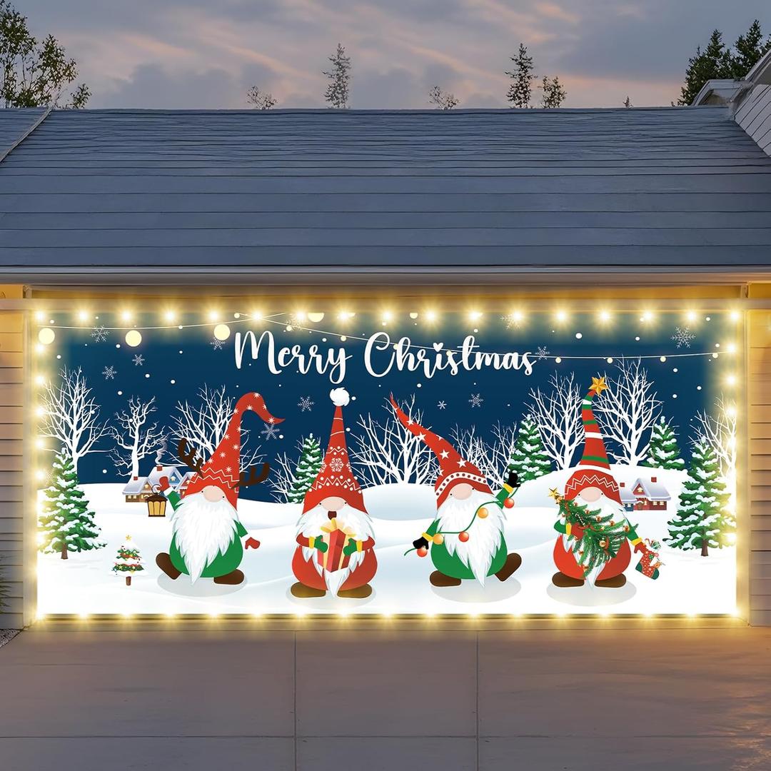 Vrainito 7x16ft Christmas Garage Door Cover with LED String Lights, 2025 Large Garage Door Christmas Decorations, Outdoor Lighted Garage Banner, Merry Garage Mural (Christmas Gnomes)