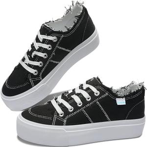 Obtaom Women Platform Canvas Sneakers White Comfort Play Fashion Sneakers Casual Lift Platform Lace Up Shoes Cute Low Top Walking Shoes for Lady (Black) 5