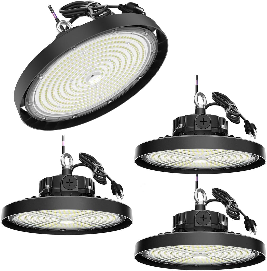 UFO LED High Bay Light Pro, 150W LED Shop Lights, 0-10V Dimmable 30000LM 5000K, 60%-100% Power Selectable Bay Light for Warehouse Factory Barn Shop Workshop Garage Gym, 4 Pack Pro
