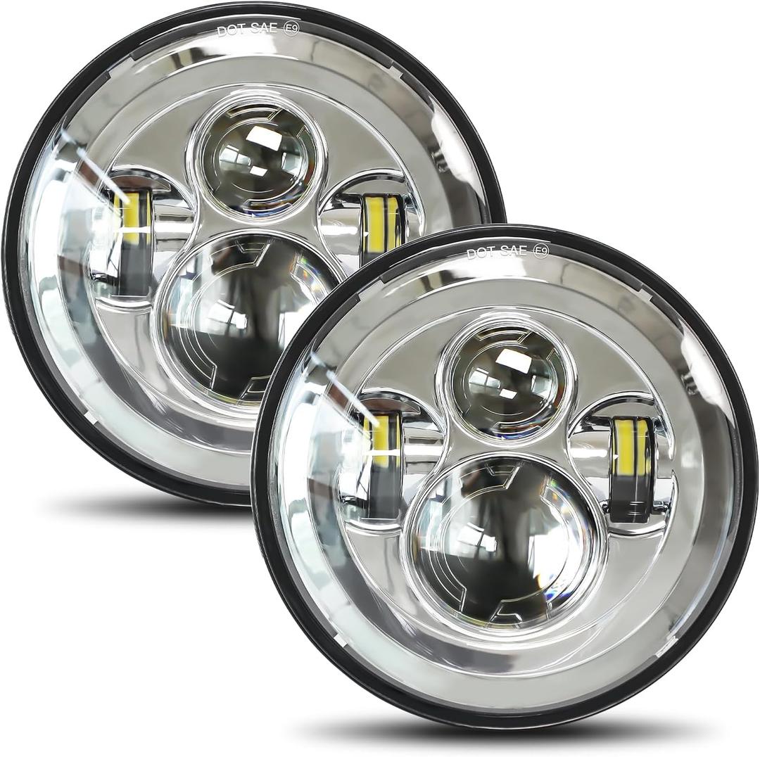 UNI-SHINE 2pcs Projector 7 Inch LED Headlight Hi/Lo Beam Chrome 7 Round H6024 LED Headlight Compatible with Jeep Wrangler JK CJ TJ fit for Miata, for Chevy SC2