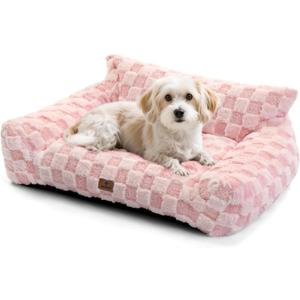 Made4Pets Cat Beds for Indoor Cats, Cat Couch Bed, Soft Faux Fur Checkered Pet Sofa, Calming Fluffy Kitten Sofa with Supportive Foam, Removable Washable Cover with NonSlip Base, Pink, Small