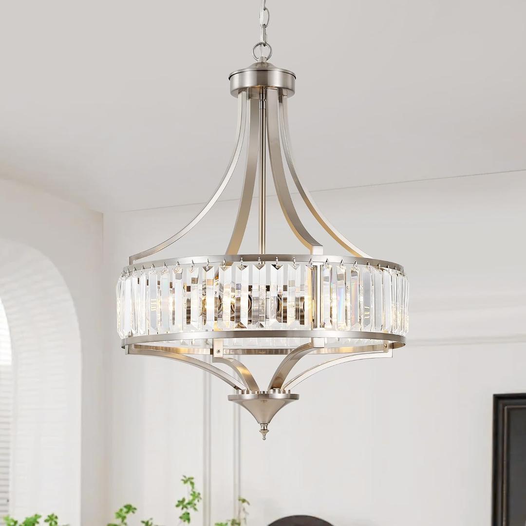 CNRATYE 20" Brushed Nickel Chandeliers for Dining Room, 5-Light Modern Crystal Chandelier for Entryway, Hanging Round Light Fixture for Kitchen Island Living Room Bedroom Office Bathroom Staircase