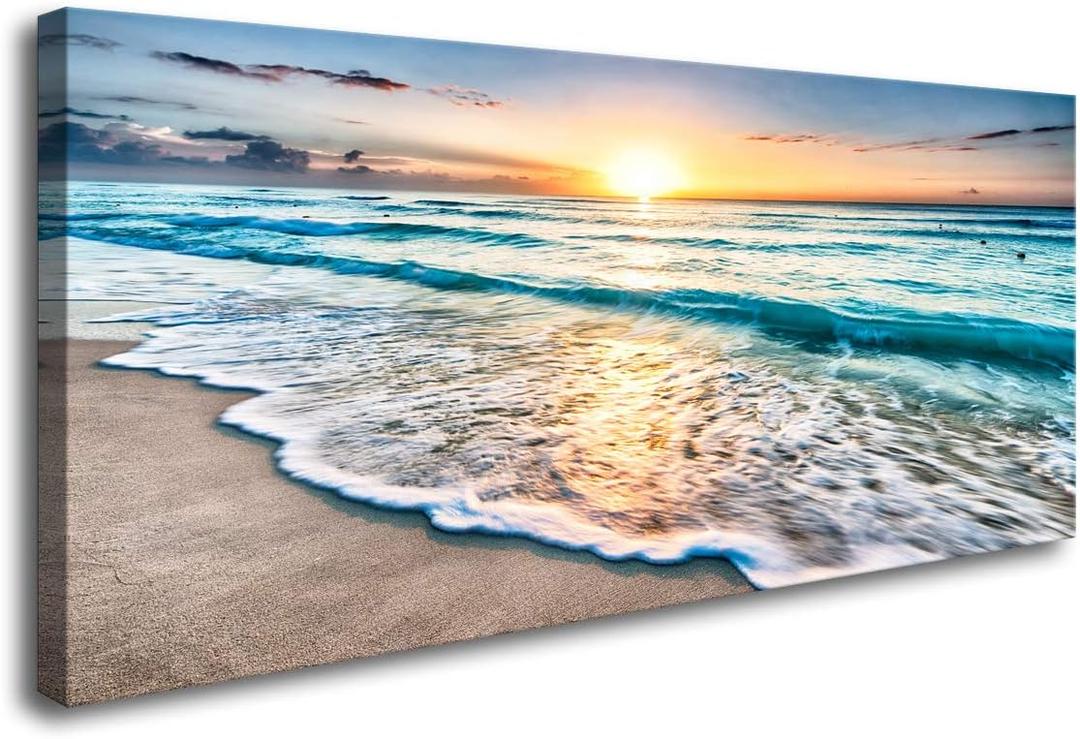 Baisuart S02262 Canvas Prints Wall Art Beach Sunset Ocean Waves Nature Pictures Stretched Canvas Wooden Framed for living Room Bedroom and Office (48"L x 24"W)