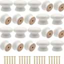 Wooden Cabinet Knobs 20Pcs, White Dresser Wood Knobs Mushroom Vintage Wooden Dresser Drawer Knob Pulls Handles with Screws (Dia.:1.3", Height:1")