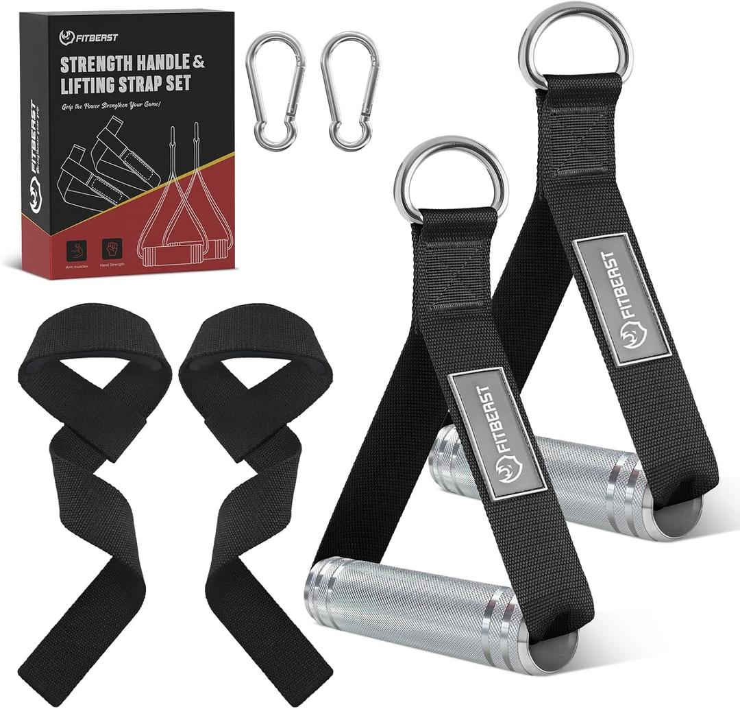 FitBeast Aluminum Exercise Handles & Lifting Straps Set - Replacement Gym Handles for Cables Machine, Pulley System, Strength Trainer, Pull Down Workout Handles, Pilates, Home Gym Cable Attachments (Black)