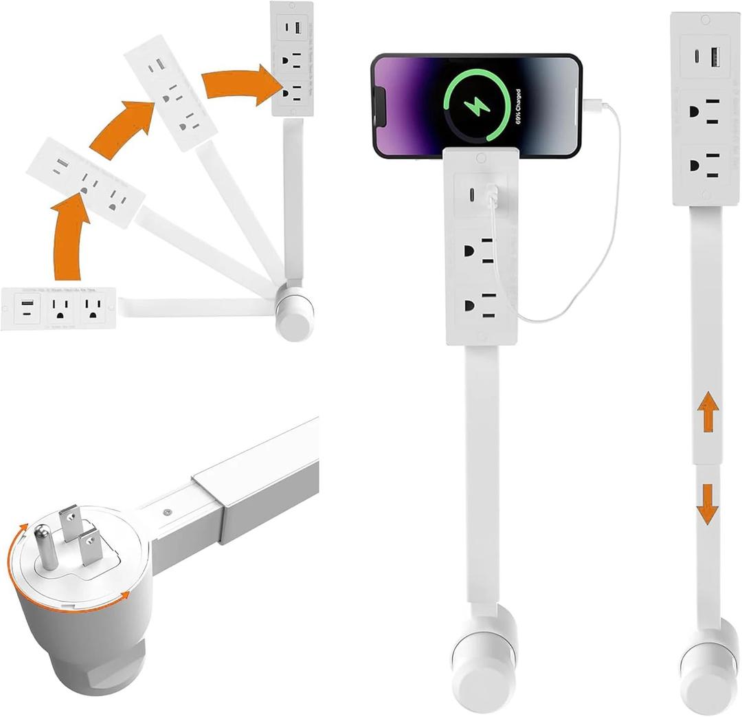 Adjustable Power Strip Tower, 26.4-inch Height, 360° Rotating Surge Protector with Multiple Outlets, White (American Standard - Square)