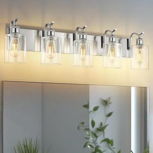 5 Light Bathroom Vanity Light, Brushed Nickel Vanity Lights for Morden Bathroom Lighting Fixtures Over Mirror Wall Light Fixtures with Clear Glass Shade ZCVL01BN-5
