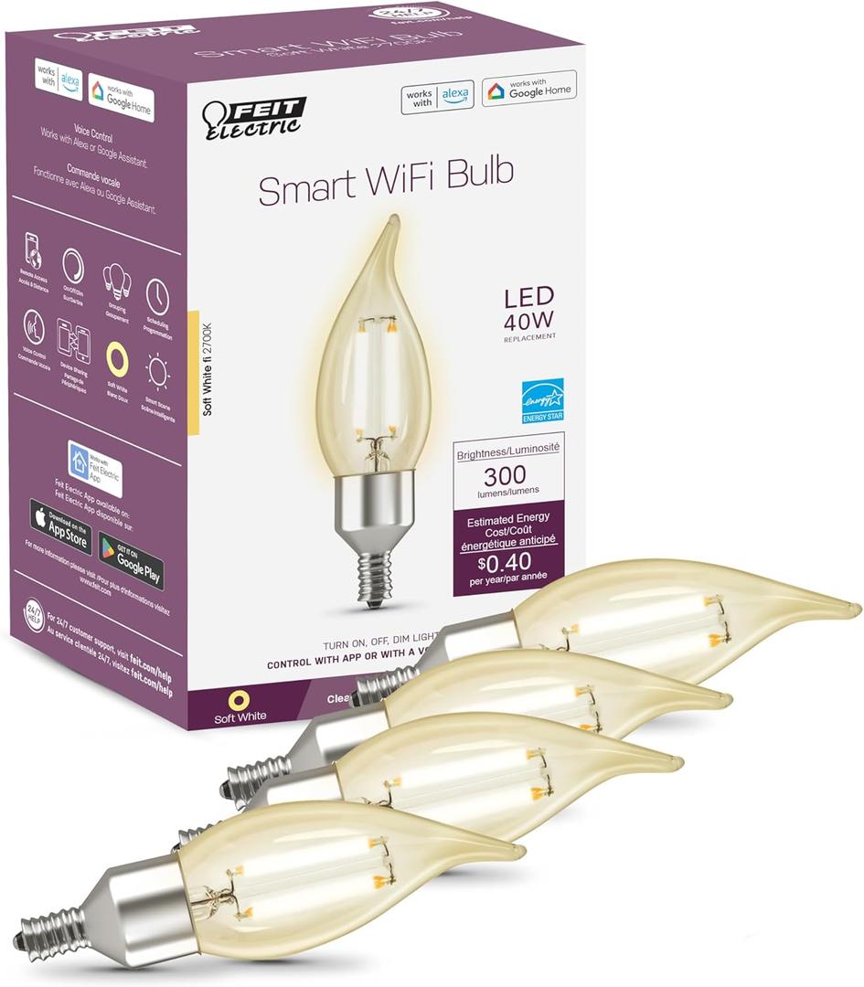 Feit Electric Vintage Flame Tip Smart WiFi LED Bulb, E12 Candelabra Base, 40W Eq. (3.3W), 2700K Soft White, Clear Filament, Dimmable, No Hub Required, 2.4GHz Only, CFC40/927CA/FIL/AG/4, 4 Pack