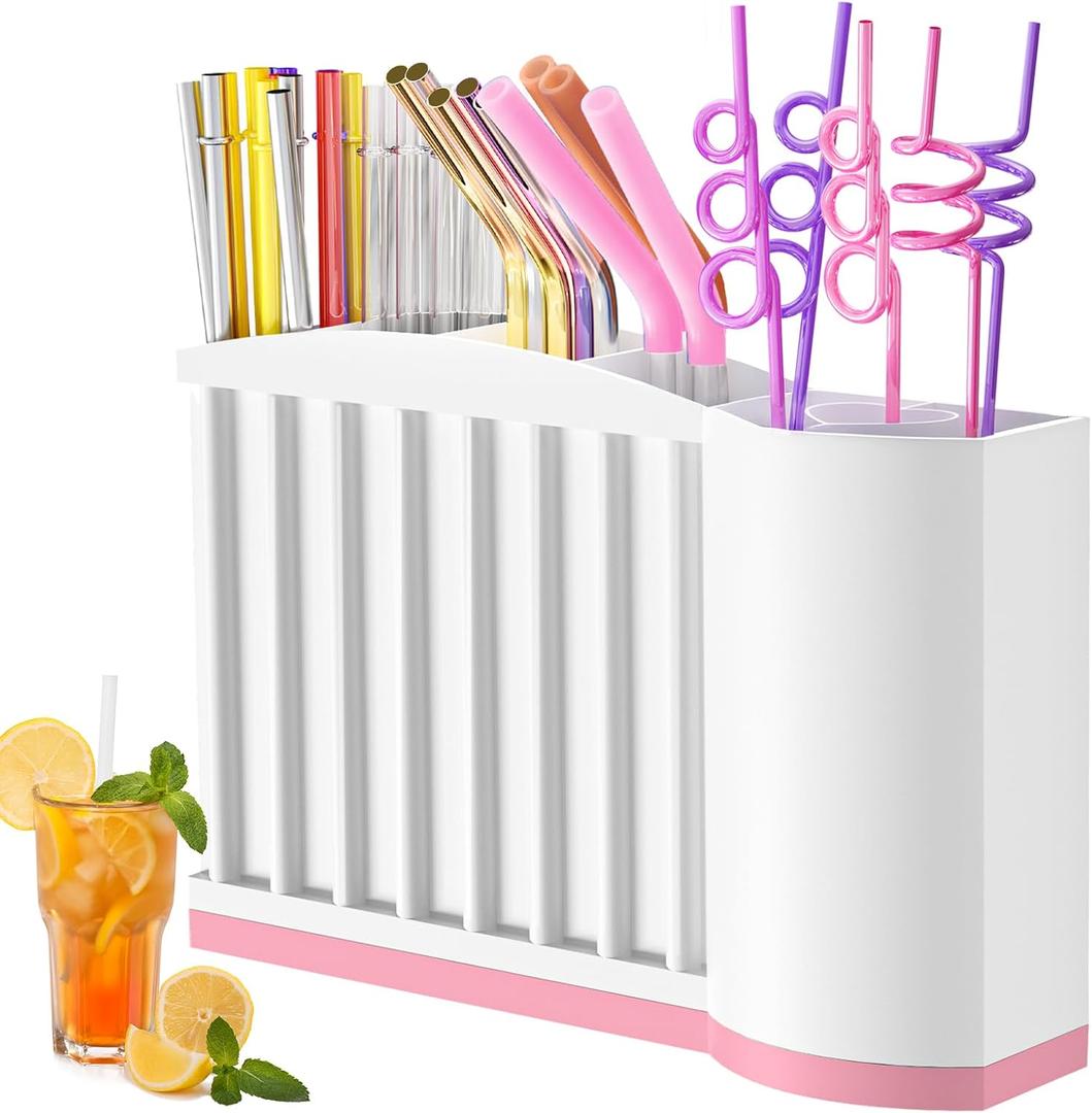 Straw Holder for Cabinet Door - Strong Magnetic Detachable Bottom, Easy to Clean, Dual Use (Countertop/Cabinet), Fits Various Sizes & Irregular Straws (Pink)