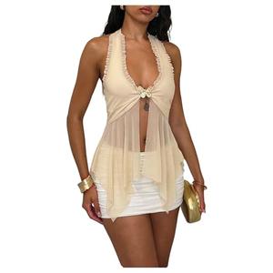 SOLY HUX Women's Deep V Neck Halter Top Sleeveless Asymmetrical Ruffle Flowy Mesh Tank Tops Plain Apricot, Small