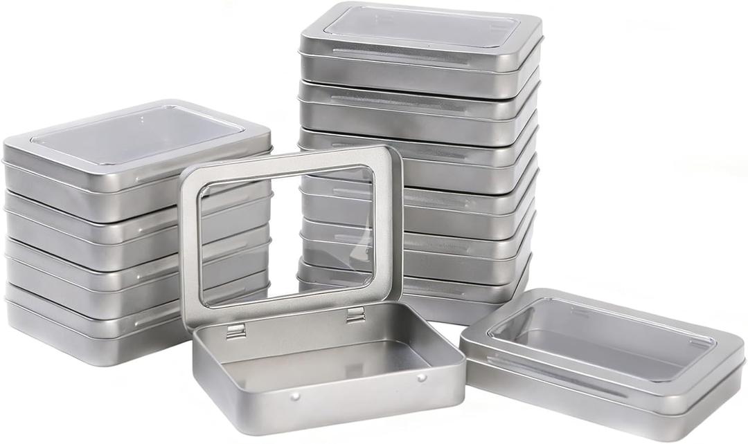 10 Pack Empty Rectangular Metal Storage Organizer Tins with Clear Window Hinged Lids for Small Items and Other Craft Projects, 4.5 x 3.3 x 0.9 inch (Silver)