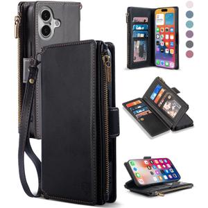 Wallet Case for iPhone 16 Plus 6.7" with Wrist Strap - PU Leather Folio Flip with Credit Card Holder & Kickstand, Protective Cover(Black)