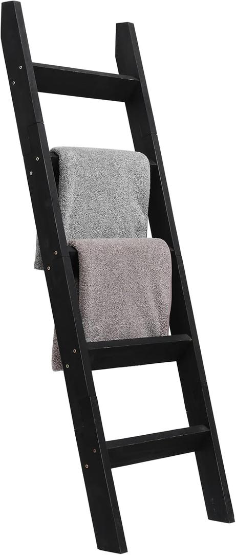 FUIN 5ft (58") Wood Blanket Ladder Living Room Decorative Wall Leaning Farmhouse Quilt Display Holder Storage Rustic Wooden Towel Rack for Bathroom, Black (KD Side Rails)
