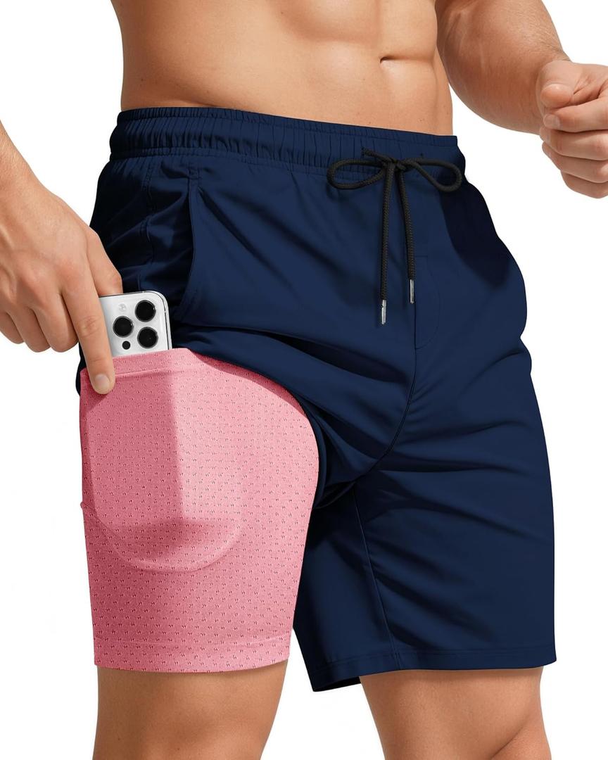 Men Swim Trunks with Compression 7 Inches Breathable Liner Quick Dry Zipper Pockets for Board Beach Gym Running XXL
