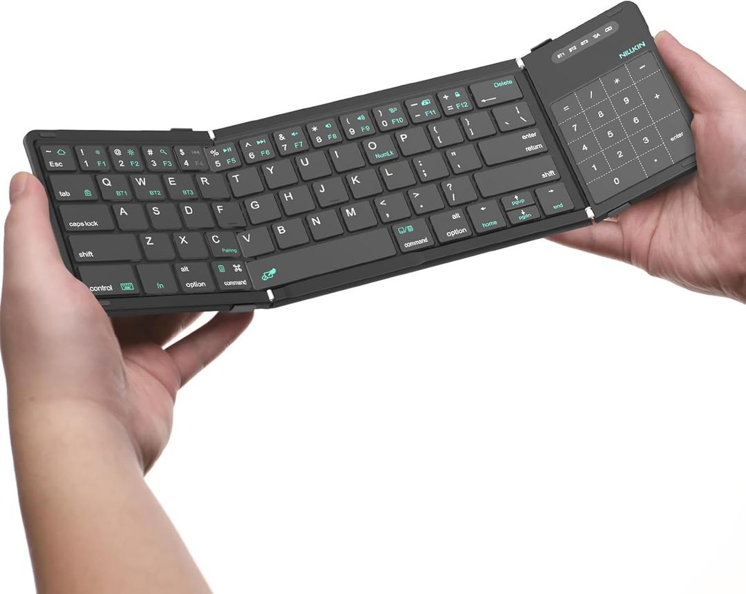 Nillkin Foldable Keyboard with Touchpad, Bluetooth Keyboard with Number Pad, Full Size Keys, Large Trackpad Small Travel Portable Keyboards for iPad Laptop PC Tablets -Black
