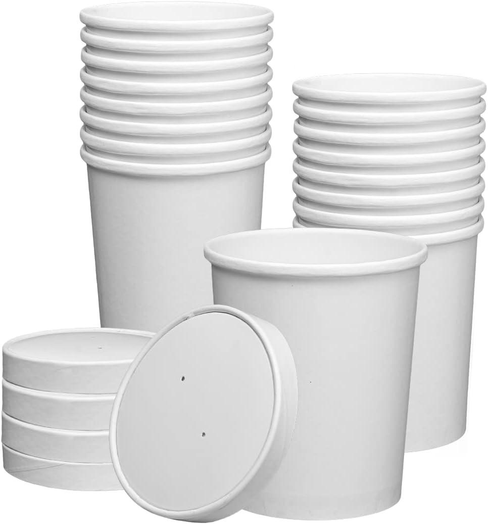 GUSTO [32 oz. - 25 Count White Paper Food Containers with Vented Lids - To Go Hot Soup Bowls, Disposable Ice Cream Cups, Ideal for Hot and Cold Foods - (Formerly Comfy Package)