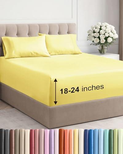 Extra Deep Queen Sheet Set - 4 Piece Breathable & Cooling Bed Sheets - Easily Fits 18 to 24 inch Mattress - Ultra Soft, Wrinkle & Fade Free w/ Extra Deep Pockets - Comfy Hotel Luxury Bedding - Yellow