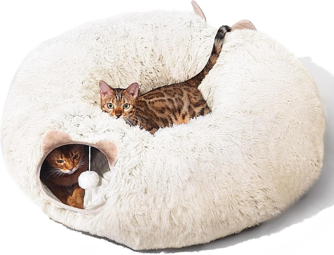 NEZIN Cat Tunnel with Cat Bed for Indoor Cats, Multifunctional Donut Tunnel Playground Toys for Cats Kitten (White)