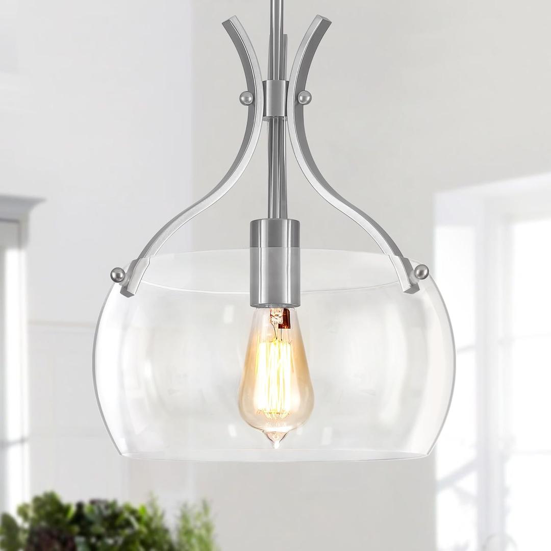 Glass Pendant Lights Kitchen Island, 11.8" Brushed Nickel Industrial Pendant Lighting, Modern Hanging Light Fixture with Glass Shade for Dining Room Kitchen Sink Hallway Entryway
