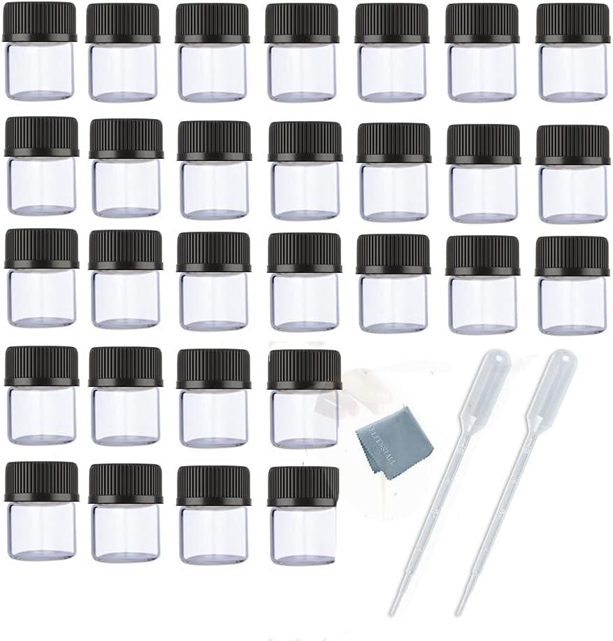 100PCS 1ML 1/4 Dram Mini Clear Glass Essential Oils Sample Bottles with Black Caps for Essential Oils,Chemistry Lab Chemicals, Perfumes. 2x 1ML plastic droppers