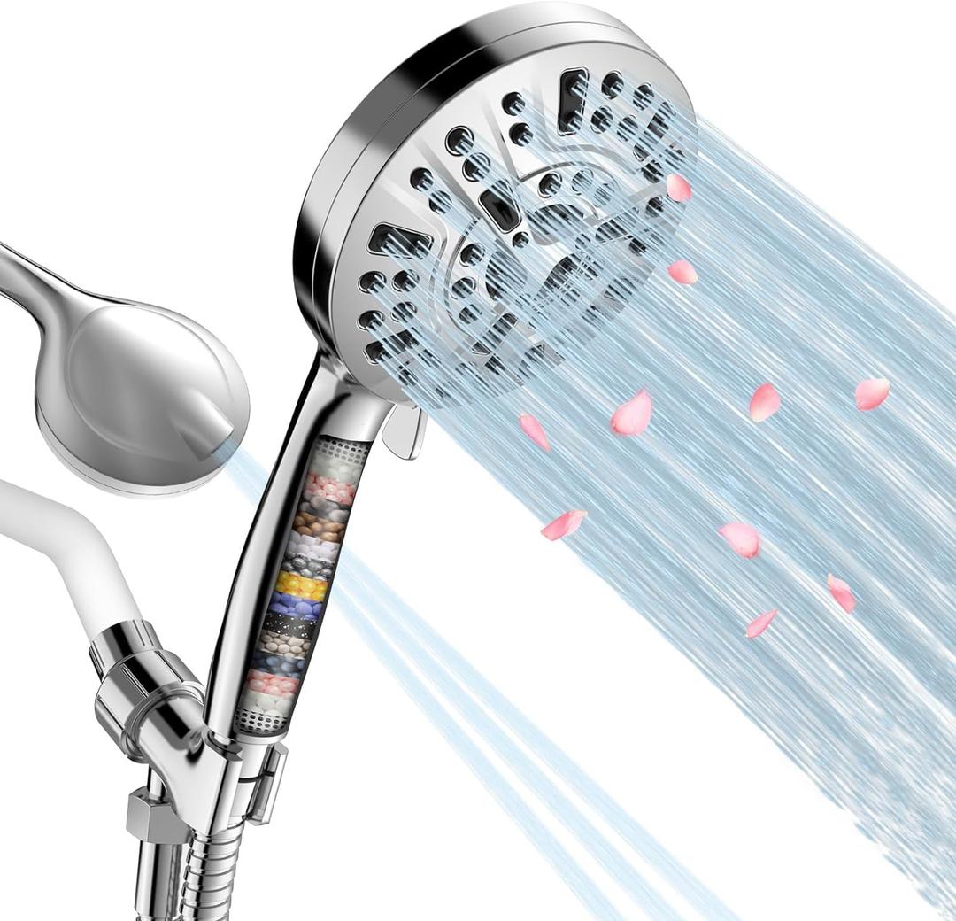 Filtered Shower Head, 15 Stage Handheld Shower Head Filter for Hard Water, 10 Modes High Pressure Shower Head with 60" Hose and Bracket, Remove Chlorine and Harmful Substance (Silver)