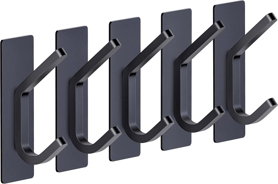 Matte Black Self Adhesive Towel Hooks for Bathroom Wall Door Mounted - SUS304 Stainless Steel Strong Strips Stick on 3M Wall Hooks for Hanging Coat, Hat, Bag, Key, Jacket  5 Pack