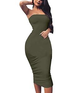 BORIFLORS Women's Basic Sleeveless Tube Top Sexy Strapless Bodycon Midi Club Dress (Large)