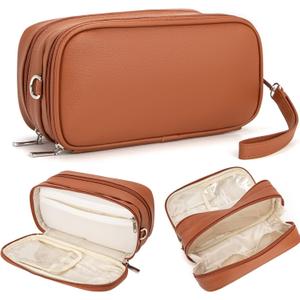 Makeup Bag for Women, Wide-open Makeup Organizer with Makeup Brush Holder, Waterproof Cosmetic Bag with Compartment, Portable Travel-Size Toiletry Bag for Traveling, Large Make Up Bag (Brown)
