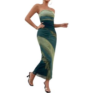 LIGHT DOT Women's Summer Maxi Dress Tie Dye Strapless Tube Bodycon Side Slit Mesh Layered, XL (Green)