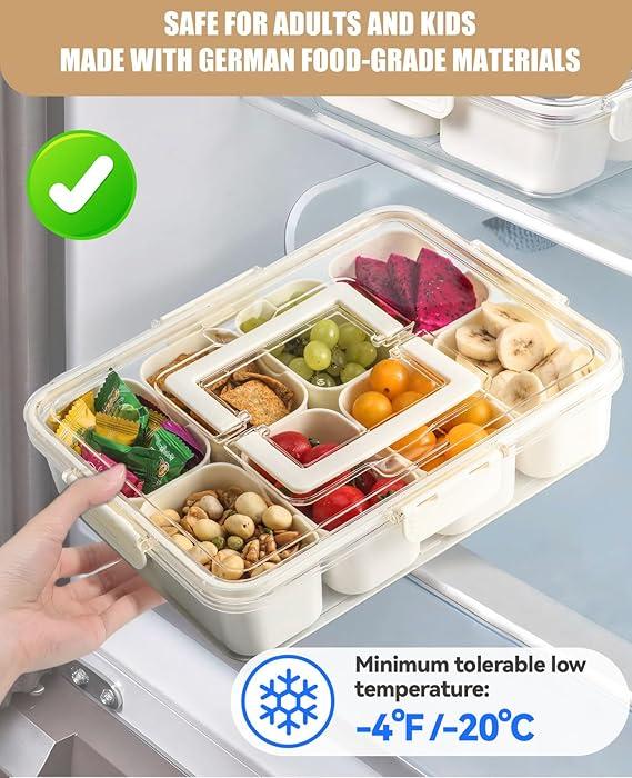 Snackle Box Container Dishwasher Safety Divided Serving Tray with Lid and Handle Charcuterie Board for Portable Snack Platters for Fruits Snacks Perfect for Road Travel Party  Grey brown + Transparent