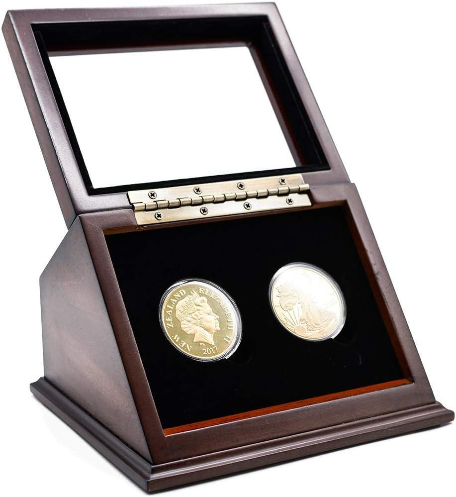Wooden Display Case Box for 2PCs Challenge Coins with Slanted Glass Window fits 1.75 inch 45mm Coin Capsule or Coins- Coins are Not Included
