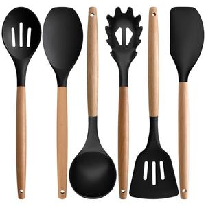 IOCBYHZ Silicone Kitchen Utensils Set of 6, Cooking Utensils Set with Heat Resistant Wooden Handle, Nonstick Silicone Spatula Spoon Turner Ladle, Cooking Kitchen Gadget for Cookware & Baking BPA FREE