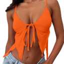 VASAUGE Women Sexy Deep V Neck Tie Front Y2k Crop Tops Backless Spaghetti Strap Cami Top (Orange)