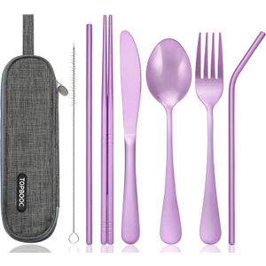 Portable Stainless Steel Flatware Set, Travel Camping Cutlery Set, Portable Utensil Travel Silverware Dinnerware Set with a Waterproof Case (Light Purple)