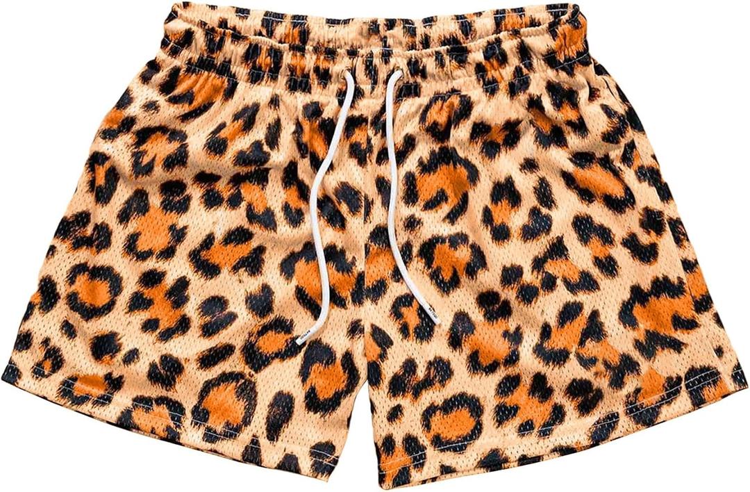 MECH-ENG Men's Leopard Graphic Print Mesh Short Athletic Basketball Workout Running Drawstring Shorts with Pockets  (Brown, L)