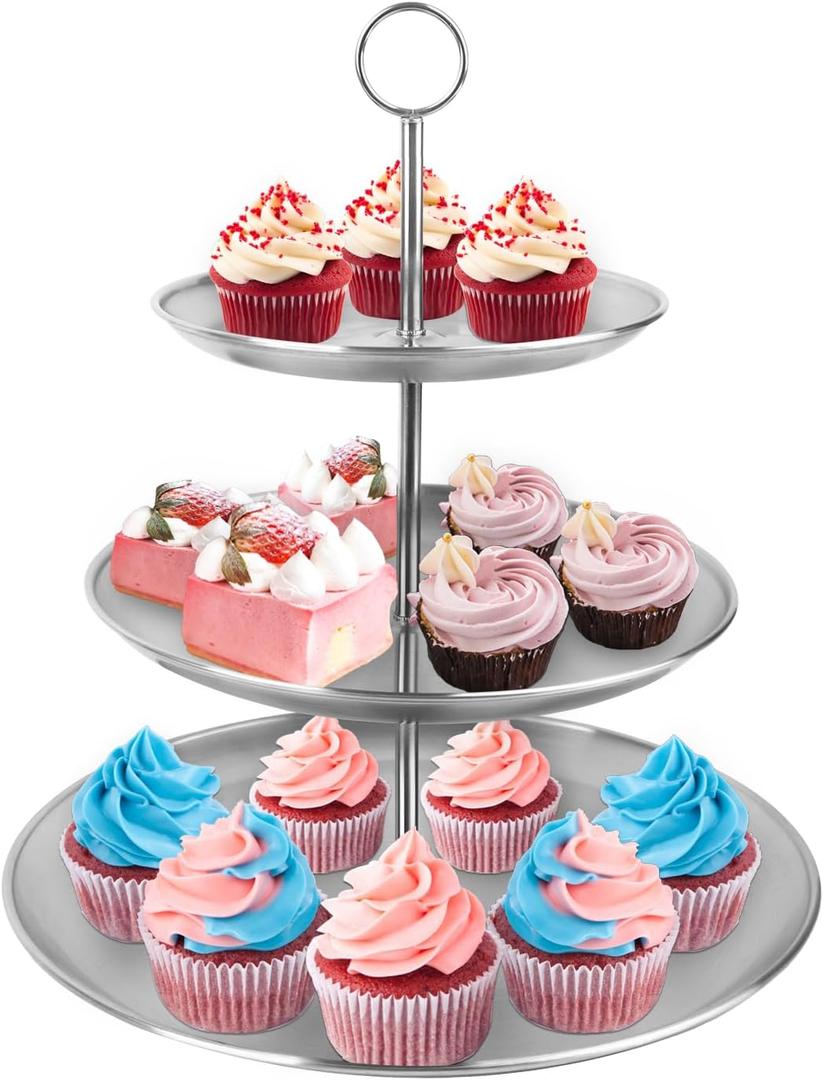 3 Tier Silver Cupcake Stand Stainless Steel Dessert Display Rack with Removable Tiered Tray for Parties,Weddings,Birthdays,Decorations,Any Festivals and Festivities(Stainless Steel Pole)