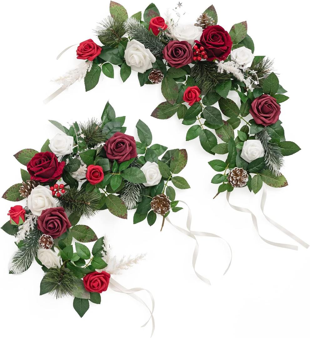 Ling's moment 2Pack 2ft Artificial Flowers Garland Lantern Flower Centerpieces Wedding Aisle Decor Chair Flowers Arch Floral for Christmas Pew Signs DIY Table Wall Window Decoration Red & Sparkle